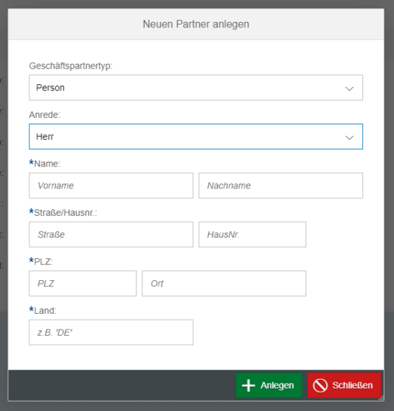 SAP Fiori - Dialog zum Anlegen eines neuen Geschäftspartners