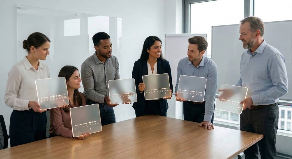 Eine Gruppe von sechs Personen unterschiedlicher Herkunft steht in einem hellen, modernen Besprechungsraum um einen Holztisch. Fünf von ihnen halten transparente, beleuchtete Tafeln, die jeweils eine visuelle Skala von 0 bis 10 zeigen. Jede Person hat einen bestimmten Wert auf ihrer Skala markiert und einen numerischen Wert darunter. Die sichtbaren Punktzahlen von links nach rechts sind: 5, 7, 8, 9, 6 und 10. Die Person ganz rechts, ein älterer Mann, hält die Tafel mit der höchsten Punktzahl 10. Die Szene zeigt einen kollaborativen Feedback- oder Bewertungsprozess.