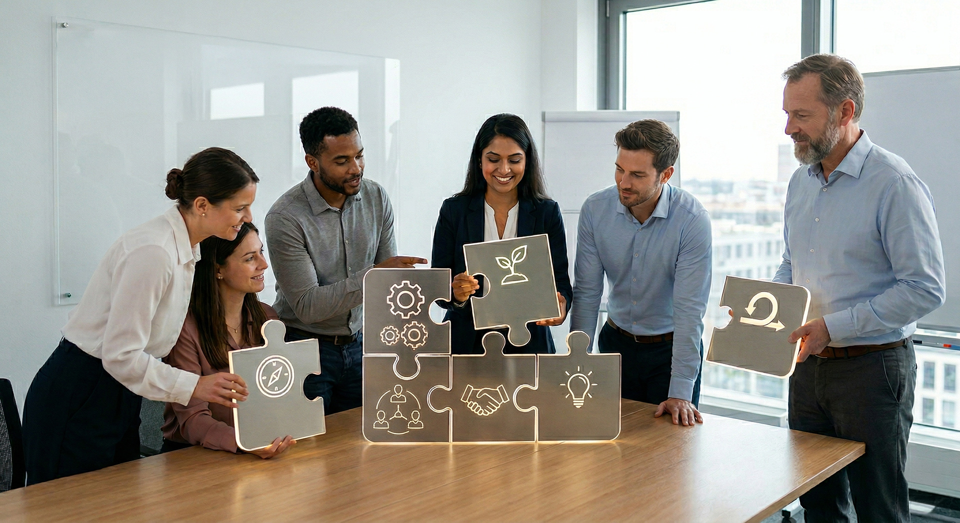 Eine Gruppe von sechs multinationalen Geschäftsleuten unterschiedlichen Alters steht und sitzt um einen Holztisch in einem hellen Konferenzraum und fügt große, leuchtende, transparente Puzzleteile zusammen. Die Puzzleteile tragen verschiedene Symbole, die einen ganzheitlichen Geschäftsansatz darstellen: Ein Kompass für die Richtung, ein Setzling für Nachhaltigkeit, agile Schleifen für den Prozess, ein Getriebe für den Betrieb, ein Team-Symbol für die Kollaboration, Händedrucke für die Partnerschaft und eine Glühbirne für Innovation. Die Szene symbolisiert Teamarbeit und die Integration verschiedener Geschäftselemente. Im Hintergrund sind große Fenster mit Blick auf eine Stadt, ein Whiteboard und ein Flipchart zu sehen.