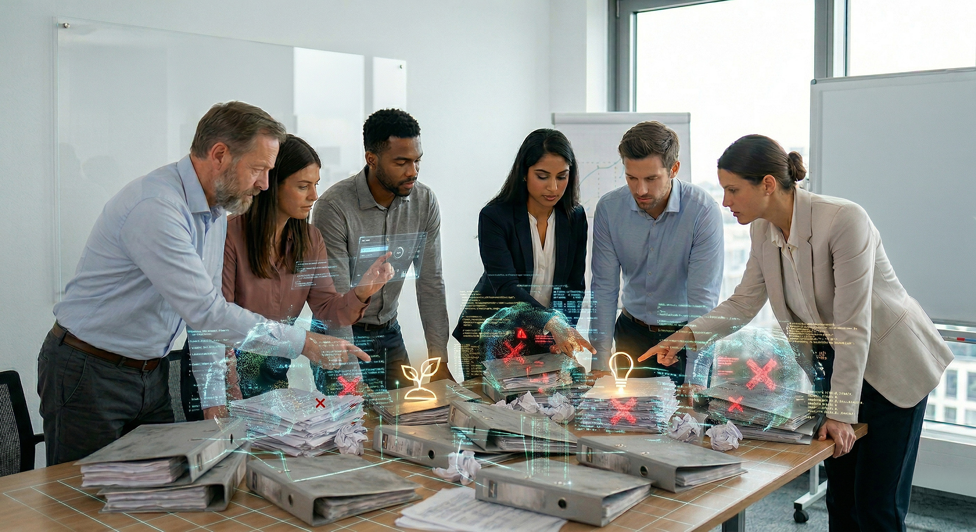 Eine gemischte Gruppe von sechs Geschäftsleuten steht in einem modernen Konferenzraum konzentriert um einen Holztisch. Sie betrachten und interagieren mit schwebenden, leuchtenden holografischen Projektionen über Stapeln von Aktenordnern und Papieren. Zu sehen sind rote Kreuze, die Probleme an verschiedenen Stellen markieren, ein leuchtendes grünes Pflanzensymbol (Setzling für Wachstum/Nachhaltigkeit) und eine hell strahlende Glühbirne (für eine Idee oder Lösung). Eine Frau hält ein transparentes Tablet mit Datenanzeigen. Die Gruppe zeigt auf verschiedene Hologramme, was eine kollaborative Problemlösungs- und Brainstorming-Sitzung darstellt. Der Hintergrund zeigt Glaswände, ein Whiteboard und ein Fenster mit Stadtblick.