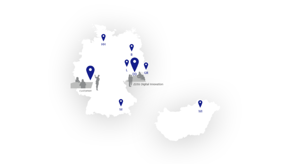 Map of Germany and Hungary with locations of the customer and ZEISS Digital Innovation