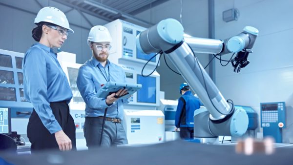Symbolical image of a male and a female engineer in a modern manufactory while he uses a tablet to control a machine in the production line