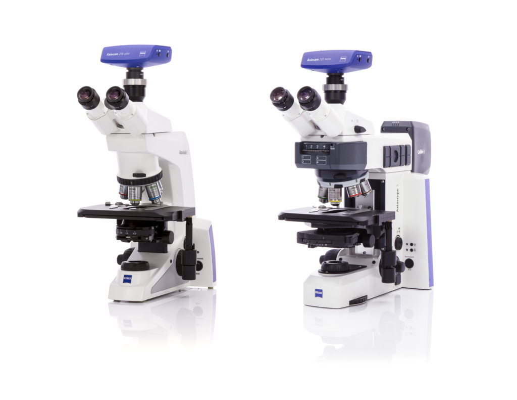 ZEISS Smart Microscopy is enabled by two new microscopes, ZEISS Axiolab 5 and ZEISS Axioscope 5, in combination with two new microscope cameras: ZEISS Axiocam 202 mono and ZEISS Axiocam 208 color.