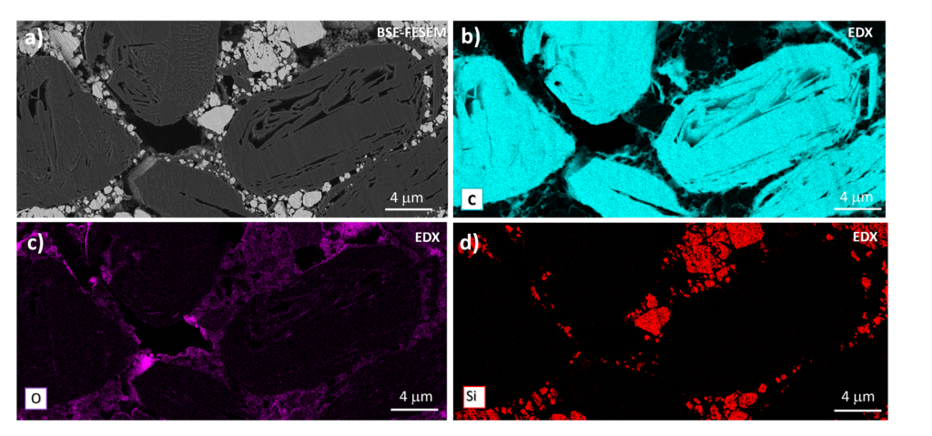 Field emission scanning electron microscope (FE-SEM) image data of the pristine anode (ion-sliced cross-section) using ZEISS GeminiSEM. (a) Backscattered electron (BSE) image. (b) – (d) FESEM-EDX mapping of the same ROI shown in (a). Chemical element distribution in the anode with: (b) C (cyan), (c) O (purple), and (d) Si (red). Scale bar is 4 microns. 