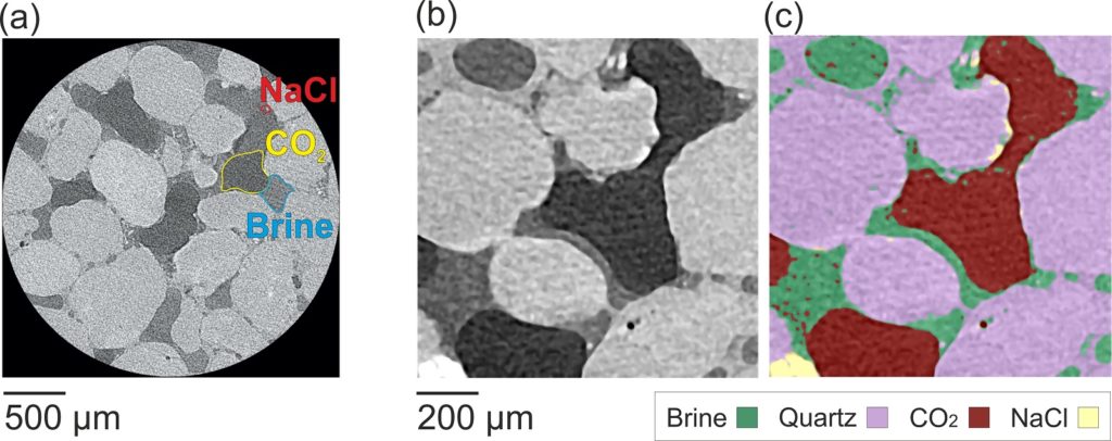 Salt evidence from the sandstone used for the experiment in Colorado School of Mines. Examples of (a) a X-ray Microscopy scan slice after the sample being exposed to carbon dioxide injection, and (b and c) example of a zoomed area used for the four phases (brine, quartz, carbon dioxide and NaCl) segmentation.