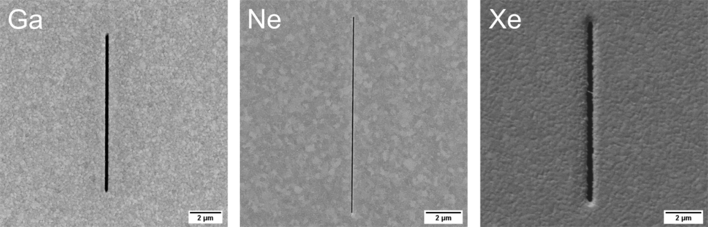 Geometry of notches milled in a gold film with different FIB ion species.