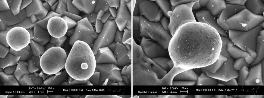 Scanning Electron Microscopy images of alloy AuAg particles produced by the melting, alloying and dewetting processes of a nanoscale-thick Au-Ag bilayers irradiated by a nanosecond-pulsed laser. Image courtesy of Dr. Francesco Ruffino, University of Catania, Italy