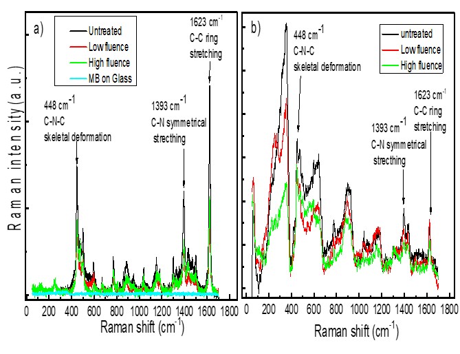 Raman spectra of methylene blue molecules on porous gold and glass substrate (a) and Au/Ag alloys (b). Image courtesy of Dr. Francesco Ruffino, University of Catania, Italy