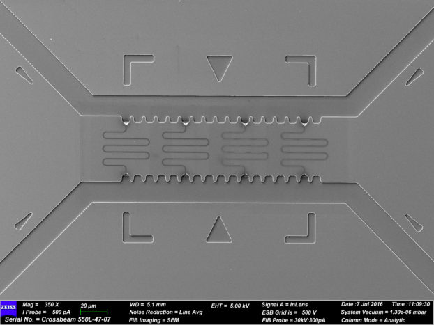Kanäle zur Nanofluidics-Forschung, angefertigt mit ZEISS Crossbeam 550 L in einem Silikon-Masterstempel. Mit freundlicher Genehmigung von I. Fernández-Cuesta, INF Hamburg, Germany.