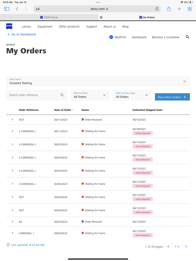 My orders in MyZEISS Business Dashboard